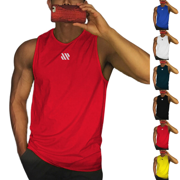 Fitness gym tank tops för män, ärmlösa muskelshirts, atletiska träningströjor med torr passform Red M