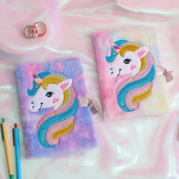 Unicorn Diary med Lock&Key Söt Tie-Dye Plush Journal Notebook purple