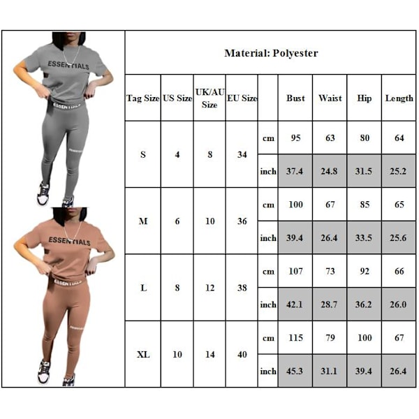 Avslappnad träningskläder i två delar för kvinnor, träningsset med kortärmad t-shirt + elastiska byxor med hög midja, streetwear Grey XL