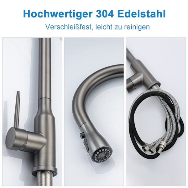 Køkkenarmaturer, 3 knapper 2 tilstande, 360° drejelig, rustfrit stål Grey