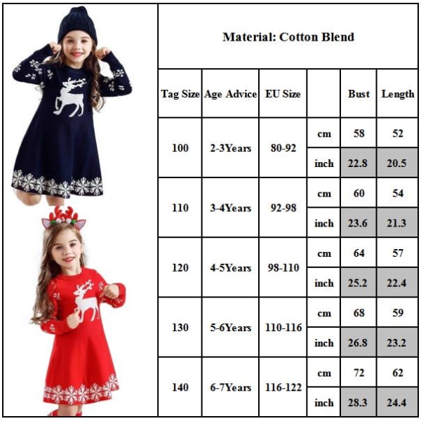 Barn flicka Jul Älg Print Långärmad Princess Dress Winter navy bule 120cm