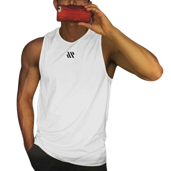 Fitness gym tank tops för män, ärmlösa muskelshirts, atletiska träningströjor med torr passform White M