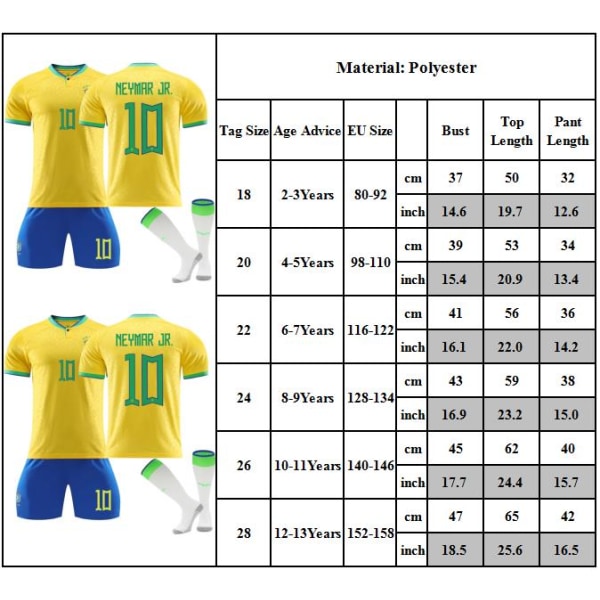 2223 Brasiliens fotbollströja storlek 10 Neymar tröjasett, ungdom/barn tröja borta fotbollströjasett kort med strumpa 22