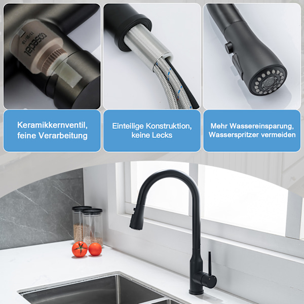 Køkkenarmaturer, 3 knapper 2 tilstande, 360° drejelig, rustfrit stål Black