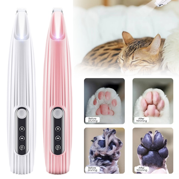 Klotrimmer för husdjur, trådlös hundklotrimmer med låg ljudnivå och säkerhetssladd, laddningsbar katt-/hundklippare med LED-ljus för pälsvård White