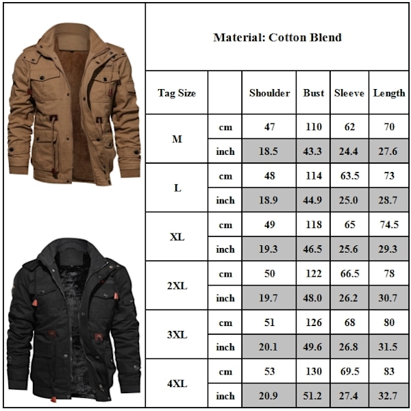 Vinterjacka för män i bomull, militärjacka, fleecefodrad, tjock arbetsjacka, varm cargojacka med huva Khaki 2XL