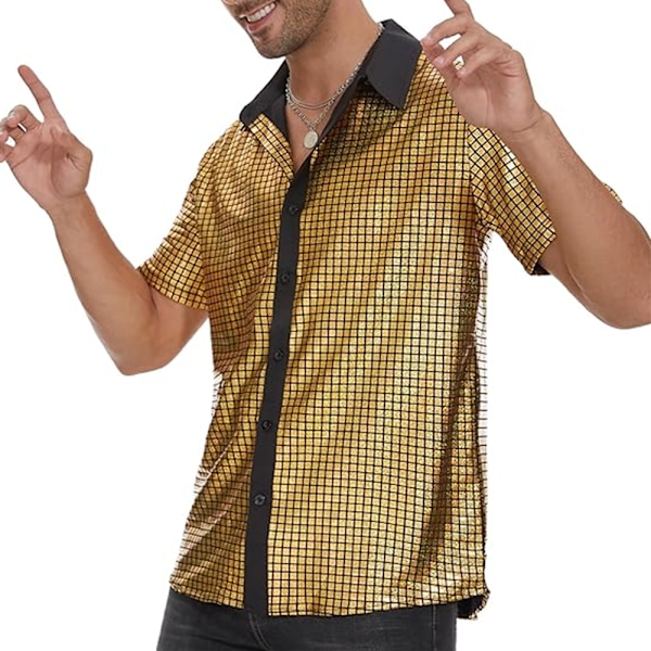 Herreknapper Disco Skjorte Retro 70-talls Paljett Metallisk Kort Ermet Partykostyme Yellow M