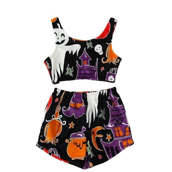 Liivitoppi-pyjamasetti, naisten Halloween-kuvio hehkuu pimeässä, valaisevat pyjamasetti pelottavaan sesonkiin, flanelliliivitoppi-pyjamasetti Purple M