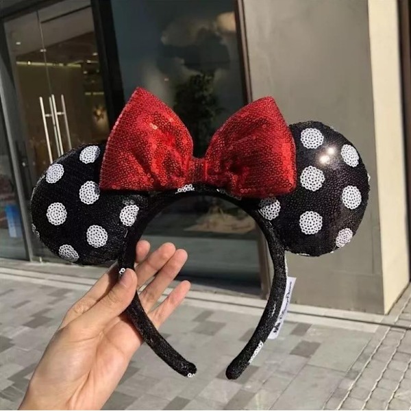 Minnie Mouse Ører Hårbøjle Paillet Øre Rød Sløjfe Polka Dot Hårbånd Udklædning