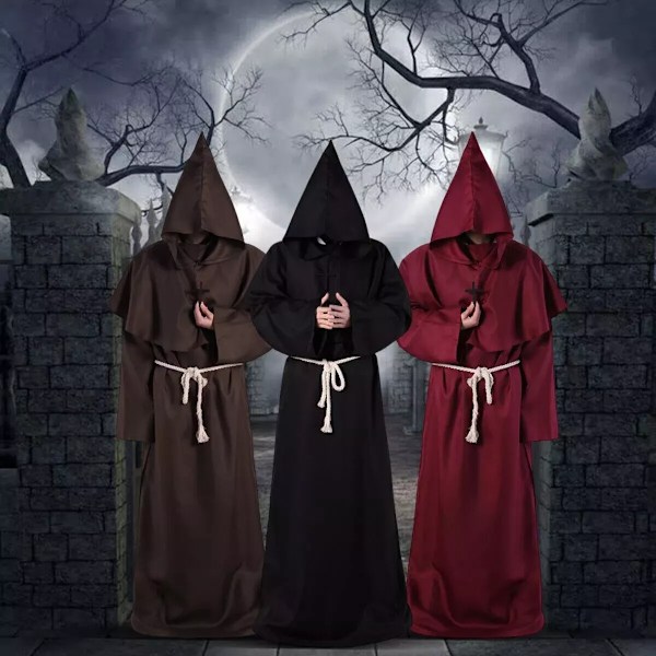 Halloween Kostym för Vuxna Män - Kåpa, Kappa, Medeltida Präst, Karneval, Maskeraddräkt Wine red XL