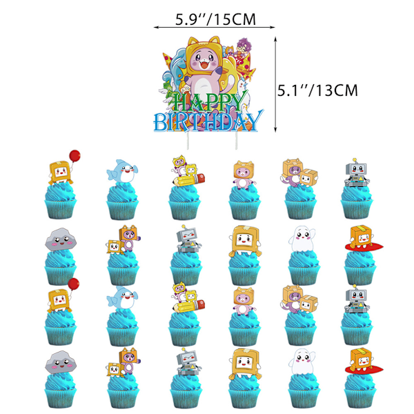 Lankybox Födelsedagsfesttillbehör Banner Ballonger Set Tårta Cupcake Toppers Dekoration