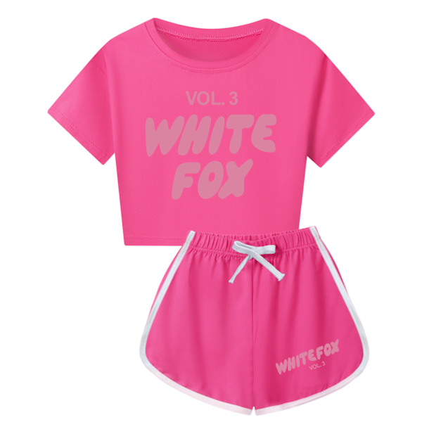 Flickor \"WHITE FOX\" Tryckt Träningsset med Bokstäver Söt Tecknad Anime Kortärmad T-shirt + Shorts Set Vardagliga Sportkläder Rose Red 160cm