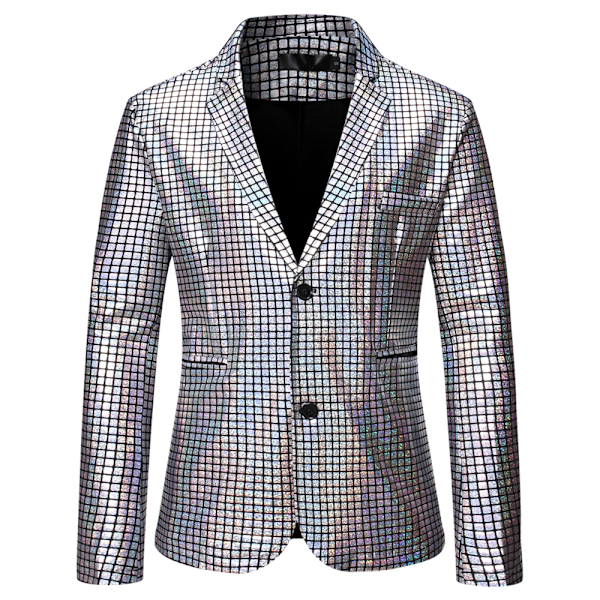 Herr 70-tals Disco Jacka Glänsande Paljett Bling Kavaj Rock Dansfest Bal Kostym Silver S