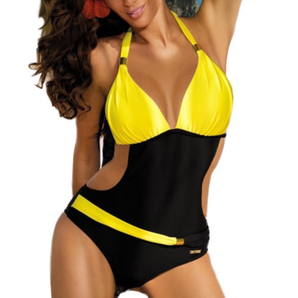 Kvinnor Comfy Bandage Cut Out Bikini Push Up Baddräkt Sets Beach yellow&black XL