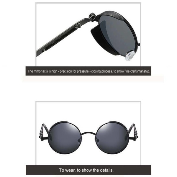 Runda Solglasögon för Män och Kvinnor - Trendiga Cirkelformade Hippieglasögon Gold Frame Black Lenses 1pair