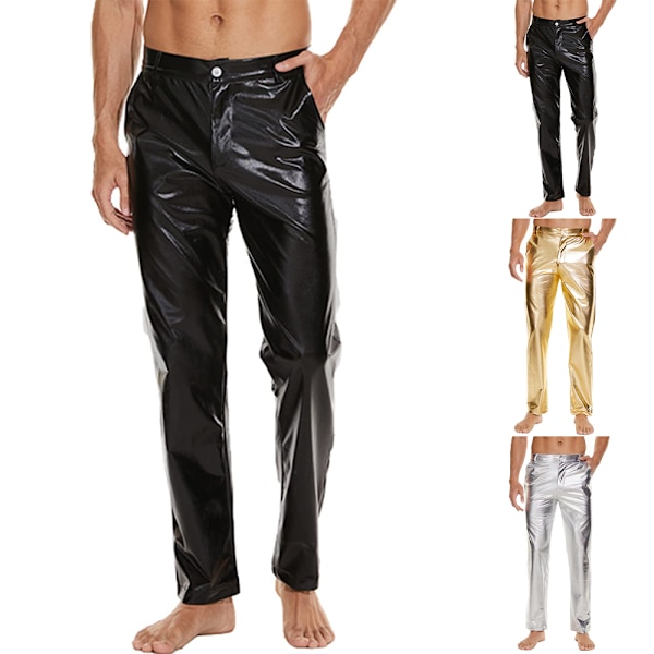 Herr 70-80-tals Metalliska Glänsande Disco Byxor Våt Look Party Dans Raka Ben Byxor Silver 3XL