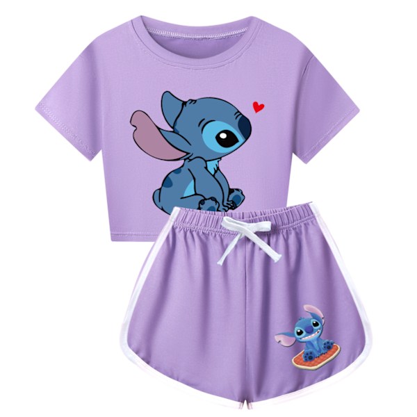 Barn Flickor Stitch Träningsdräkt Söt Tecknad Anime Kortärmad T-shirt + Shorts Set Casual Sportkläder Purple 110cm