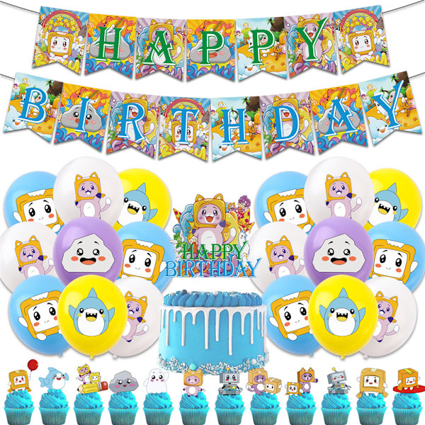 Lankybox Födelsedagsfesttillbehör Banner Ballonger Set Tårta Cupcake Toppers Dekoration