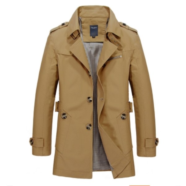 Uformell herrejakke med middels til lang lengde og tykk bomulls vindjakke, herre høst- og vinterfrakk Dark Khaki 4XL