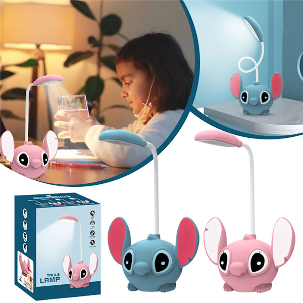 Sød Lilo & Stitch Foldbar LED Skrivebordslampe med Blyantspidser - USB Genopladeligt Lys - Perfekt Gave fra Klassekammerater Blue