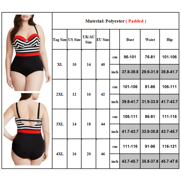 Dam Striped Padded Monokini Bikini Baddräkt Strandkläder 4XL