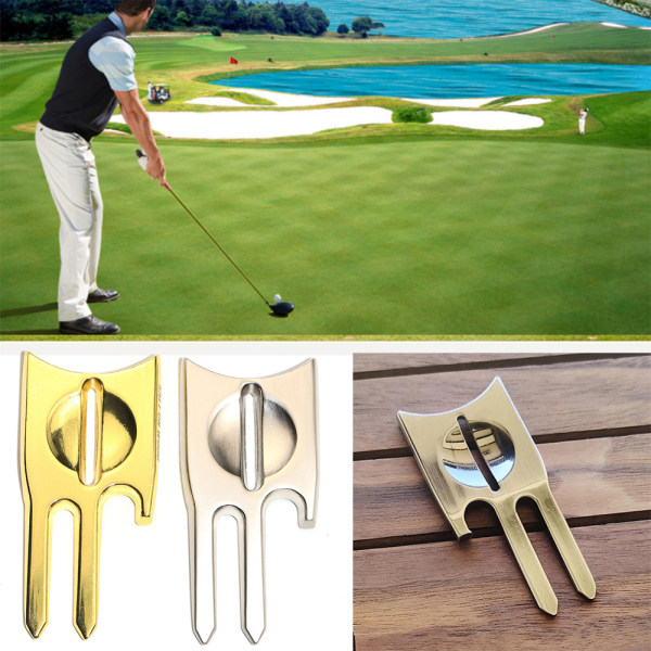 Golf Tool Ball Marker Flasköppnare Grön Reparationsgaffel Silver gold