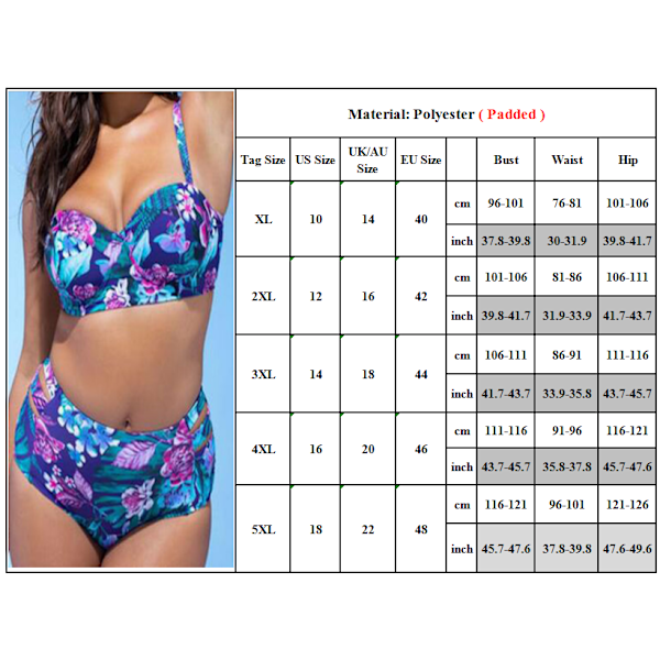 Plus Size Dam Bikinisätt med Blommönster, Hög Midja, Strandkläder blue 2XL