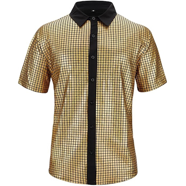 Miesten napillinen diskopaita retro 70-luku paljeteilla metallinhohtoinen lyhythihainen juhlapuku Yellow XL