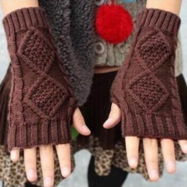 Damer Geometriska Stickade Vantar Handskar Arm Fingerlösa Brown diamond