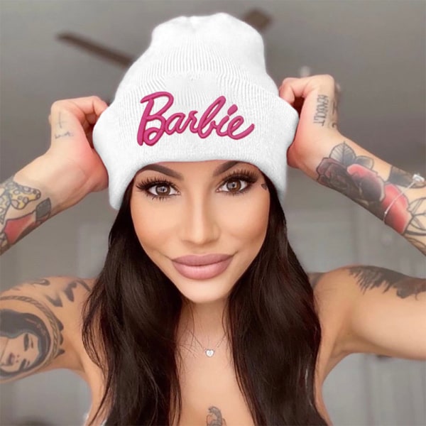 Barbie Broderad Beaniehatt för Vuxen Vinter Varm Stickad Hatt Present white