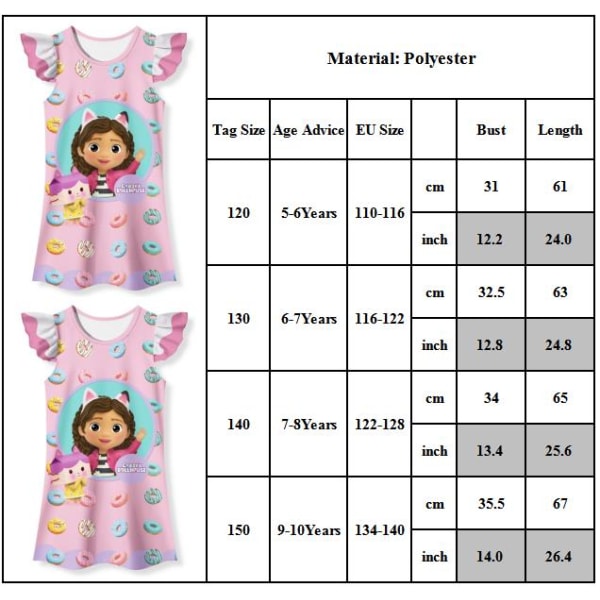Barn Flickor Gabby Sleepwear Pyjamas T-shirt Klänning Nattlinne Nattkläder Sommar 140cn