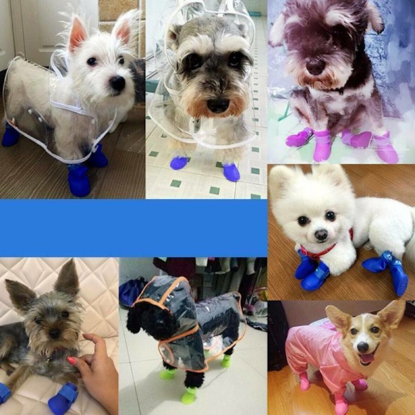 Husdjur Hund Vattentäta Skor Anti-Halk 4PCS Regn Stövlar Rose-Red S