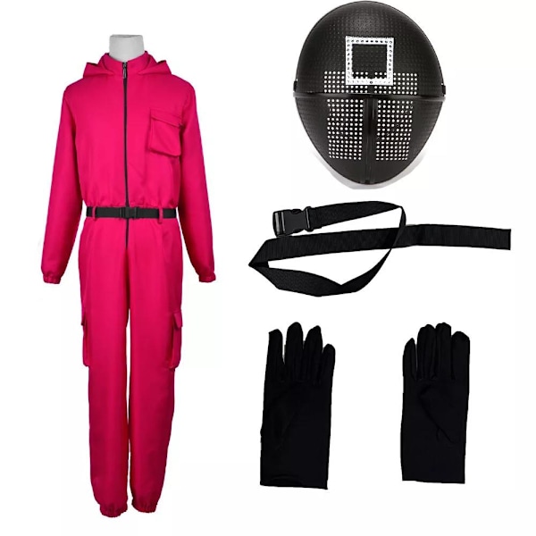 Squid Game 2 Jumpsuit Mask Handskar Bälte Party Cosplay Kostym Maskeradklädsel Rose Red+ Square Mask 2XL