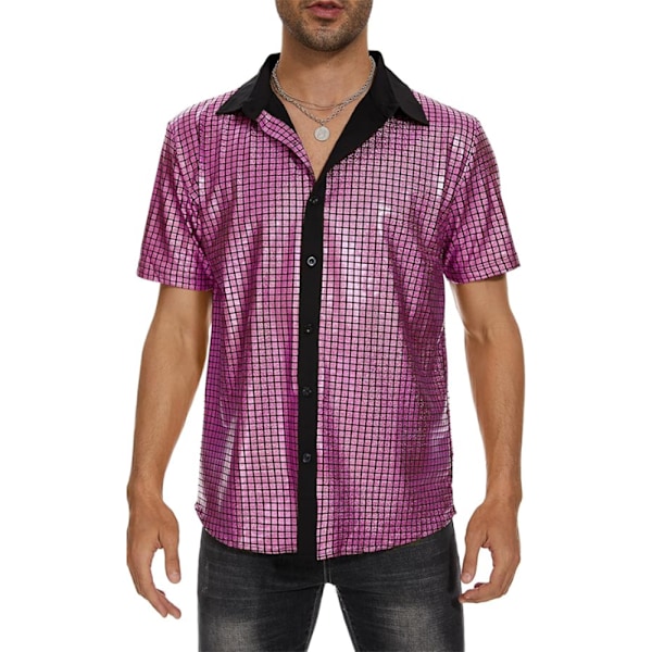 Herreknapper Disco Skjorte Retro 70-talls Paljett Metallisk Kort Ermet Partykostyme Purple M