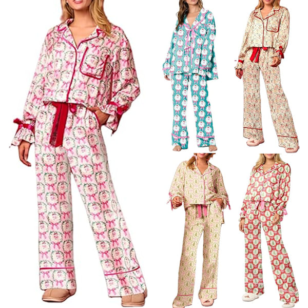 Julpyjamas Dam Pyjamasset Julpyjamas För Kvinnor Fluga Långärmad Skjorta Byxor Satin Siden Rolig 2-Dels Set Sovkläder Lounge Set C 2XL