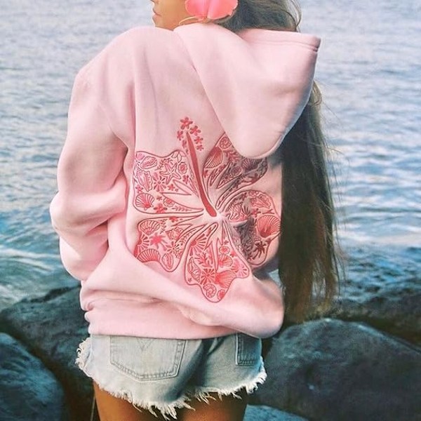 Palm Puff Oversized Hoodies för Kvinnor, Preppy Tröja med Lång Ärm Y2K Grafiska T-shirts med Fickor Pink M