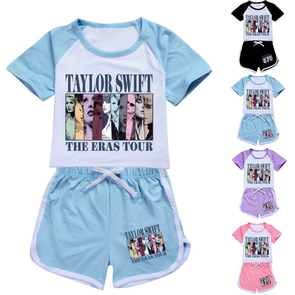 Barn Pojkar Flickor Taylor Swiftie Tryckt T-shirt Toppar Shorts Outfits Set Pyjamas Nattkläder Loungewear Light blue 150cm