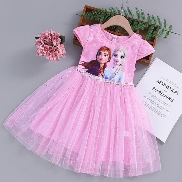 Tjejer Elsa Princess Dress Sommar Kortärmad Kostym Halloween pink 140cm