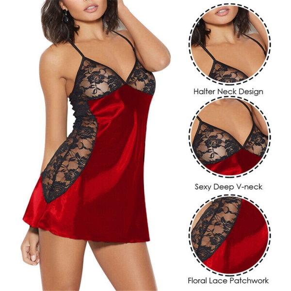 Kvinnor Sexiga Spetsunderkläder Nattklänning Babydoll Sovkläder Set Present red S