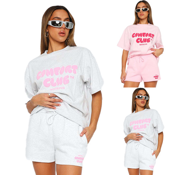 Vit räv dam sommar casual tracksuit kortärmad topp och shorts sport set utomhusträning t-shirts shorts sportkläder Pink S
