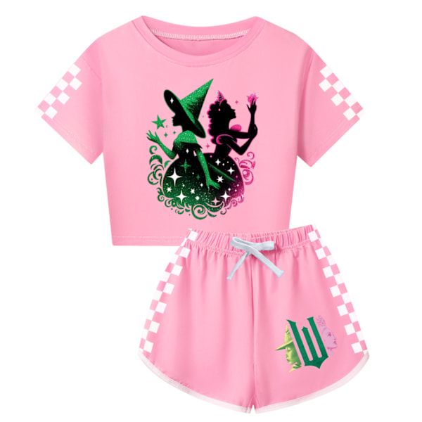 Flickor Häxa Tryck Träningsdräkt Söt Tecknad Anime Kortärmad T-shirt + Shorts Set Vardaglig Sport Outfit Kläder Pink 140cm