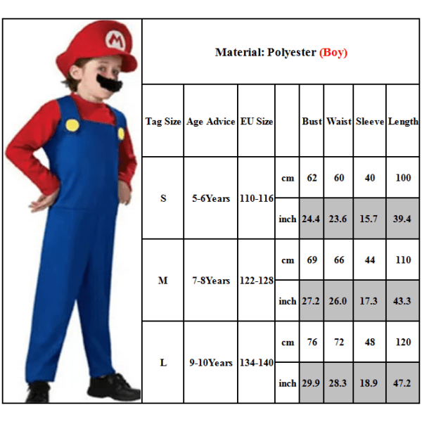 Barn Super Mario Cosplay Kostym Festlig Jumpsuit med hattset boy-red