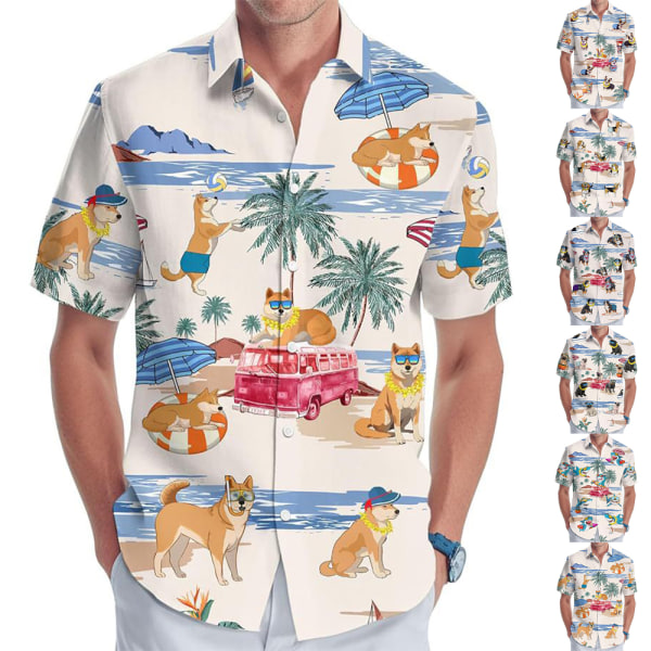 Herr Hawaiian Skjorta Tropisk Kortärmad Strand Semester Casual Skjortor E XL