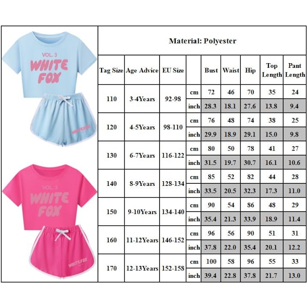 Flickor \"WHITE FOX\" Tryckt Träningsset med Bokstäver Söt Tecknad Anime Kortärmad T-shirt + Shorts Set Vardagliga Sportkläder Light Blue 140cm