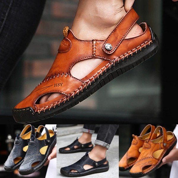 Sommar män läder sandaler sömmar stängd tå brown 40