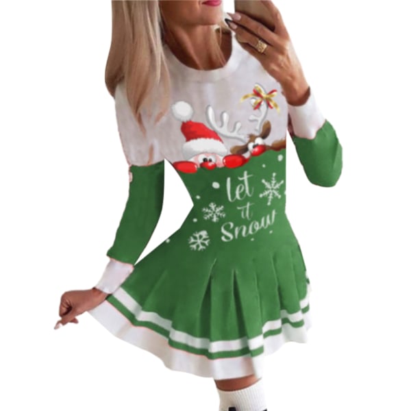 Kvinna jul älg printed långärmad plisserad klänning Casual Xmas Party Dress Green 4XL