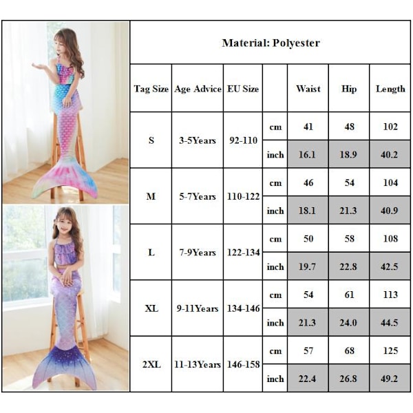 Sjöjungfru Baddräkt Barn Flickor Badkläder Tredelad Sjöjungfrusvans Kläder Barn Bikini Kostym Prinsessa Badkläder #4 XL