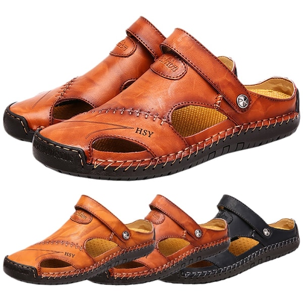 Sommar män läder sandaler sömmar stängd tå brown 48