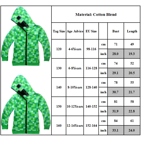 Minecraft Creeper Kids Zip-Up kostym Hoodie Sweatshirt Coat 150cm