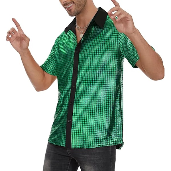 Miesten napillinen diskopaita retro 70-luku paljeteilla metallinhohtoinen lyhythihainen juhlapuku Green XL